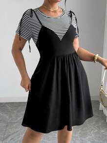 Elenzga Plus Size Loose Fit Short Sleeve 2 In 1 Dress - Black - View 3