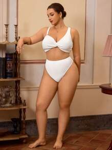 Swim Chiccia Große Größen Damen Einfarbig Strukturierter Stoff Twist Asymmetrischer Ausschnitt Bikini Set, Strandurlaub Stil für den Sommer