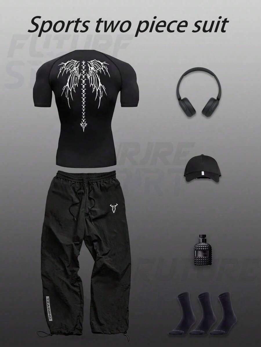 Manfinity Sport Corelite 男士简约印花短袖上衣和长裤运动套装健身服跑步套装 - 黑色 - 查看 1