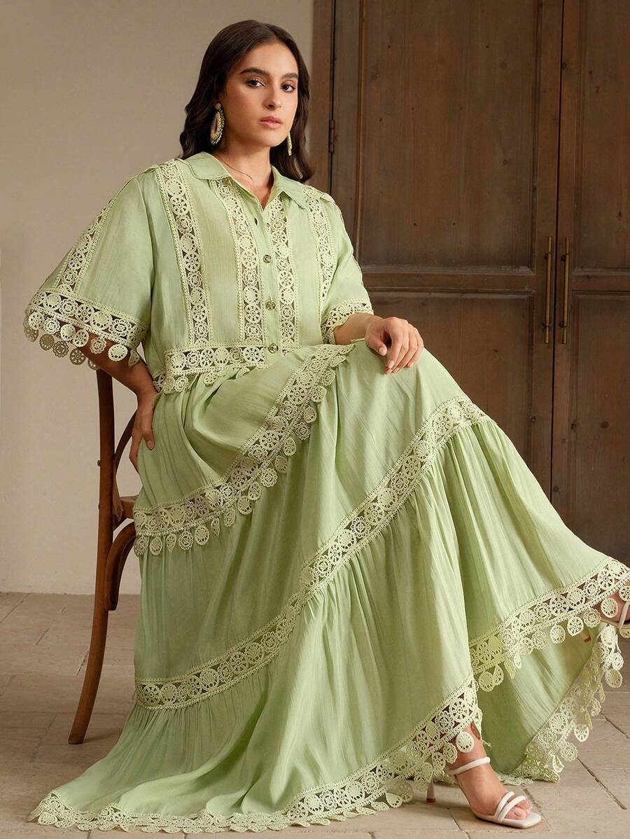 Anewsta Plus Size Women Elegant Romantic Vacation Spring/Summer Green Tassel Floral Trim Short Sleeve Blouse & Maxi Skirt 2 Pieces Set - Green - View 1