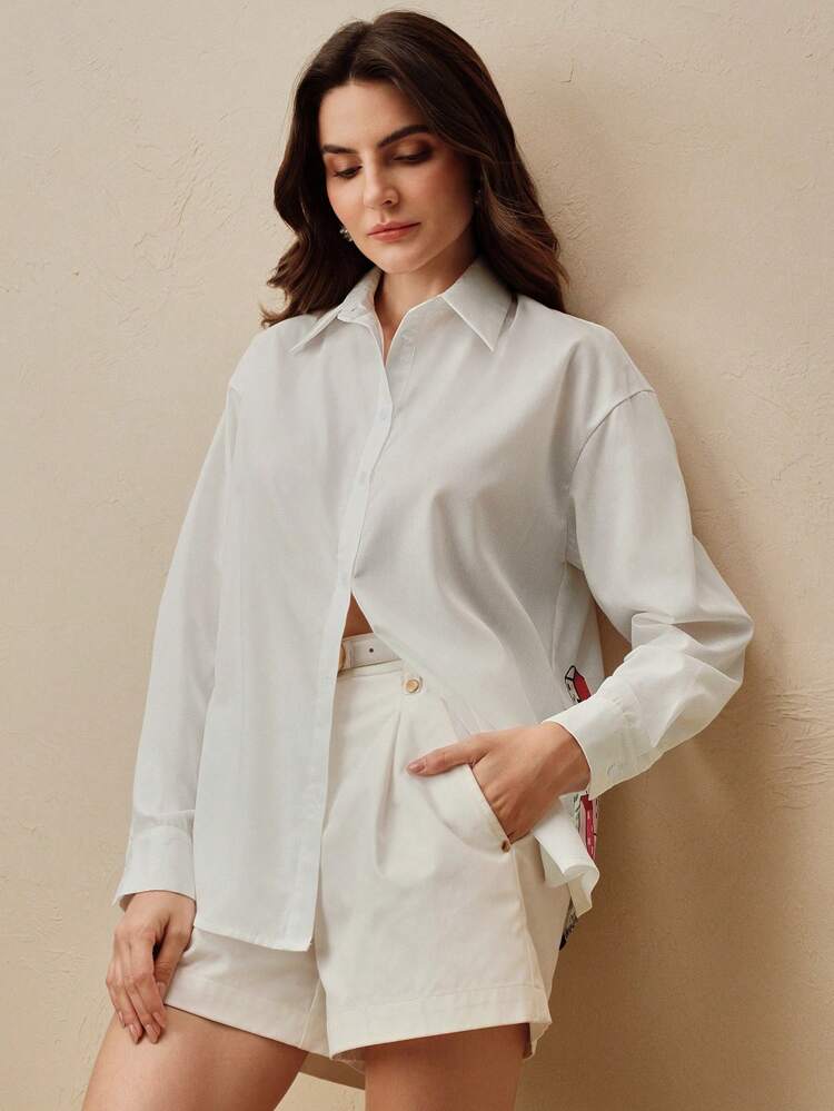 Chemise blouse à manches longues mi-longues avec imprimé graphique coloré de maison décontracté de couleur unie, vêtements d'été pour femmes