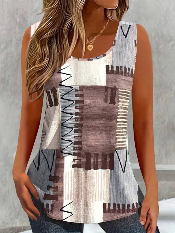 SHEIN LUNE Plus Size Summer Patchwork Printed Casual Round Neck Tank Top Graphic Tees Women Tops