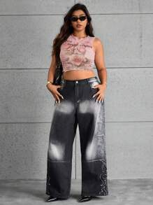 SHEIN ICON Plus Size Women's Fashionable Acid Wash Print Wide-Leg Jeans - Black - View 6