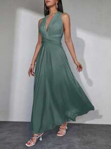 EURMUSE Women's Solid Color Simple Asymmetrical Shoulder Dress - Mint Green - View 3
