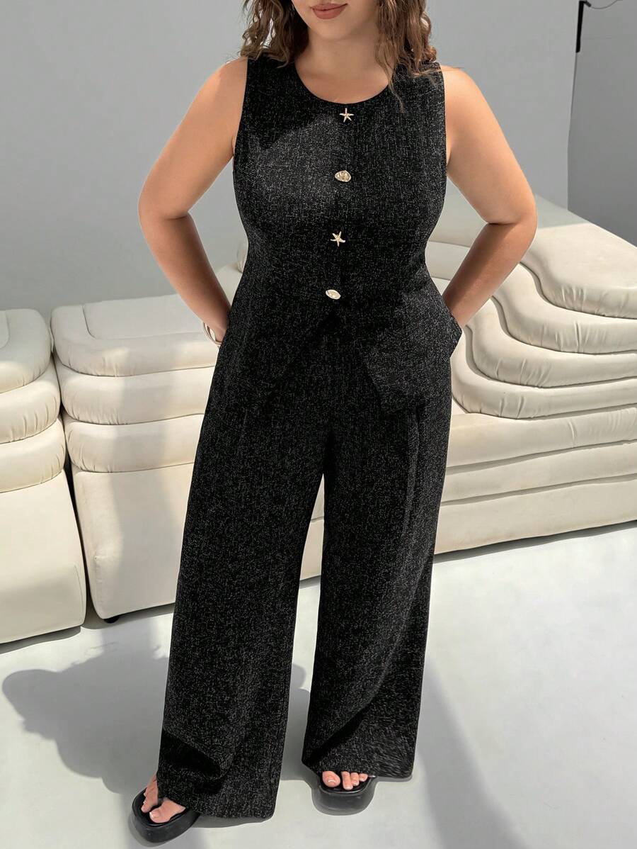 SHEIN EZwear 大码休闲香氛两件套,适合夏季的时尚单品 - 黑色 - 查看 1