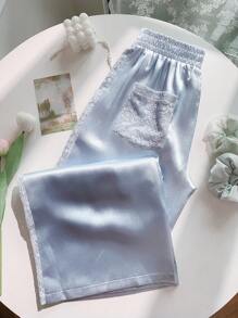 Muchica Women's Lace Patchwork Solid Color Elastic Waist Elegant Pants - Blue and White - View 4