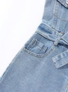 Tween 女童休闲简约百搭街头时尚蝴蝶结腰带修身浅蓝色水洗柔软牛仔吊带连体裤连衣裙，2025 春夏新品，适合日常穿着、休闲场合、派对