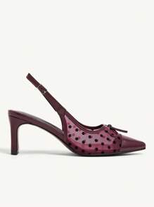 CUCCOO CHICEST Vintage Polka Dot Mesh Bowknot Toe Patchwork Pointed Toe Low Heel Mid Heel Cute Romantic Retro Elegant Wine Red Mesh PU Leather Women Pumps, Suitable For Date, Afternoon Tea, Commute, Romantic Garden - Burgundy - View 11