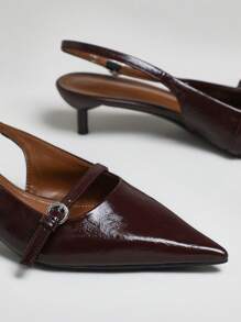 SHUZIA Women's Pointed Toe, Elegant Fashionable Buckled Back Strap Pumps For Christmas Valentine's Day - Chocolate Brown - View 5