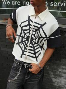 PAVTROS Manfinity Streetrush Men's Contrast Color Spider Web Print Short Sleeve Shirt Men's Graphic Shirt Graphic Men Shirts Streetwear Men Shirts - Beige - View 5