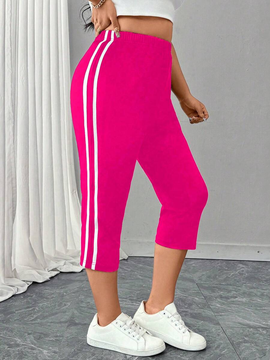 SHEIN LUNE 大码女式条纹休闲修身弹力七分裤，春夏款