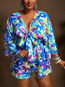 Slaydiva 大码女式假日休闲V领宽松印花连体裤（配系带腰带） - 綠色 - 查看 4