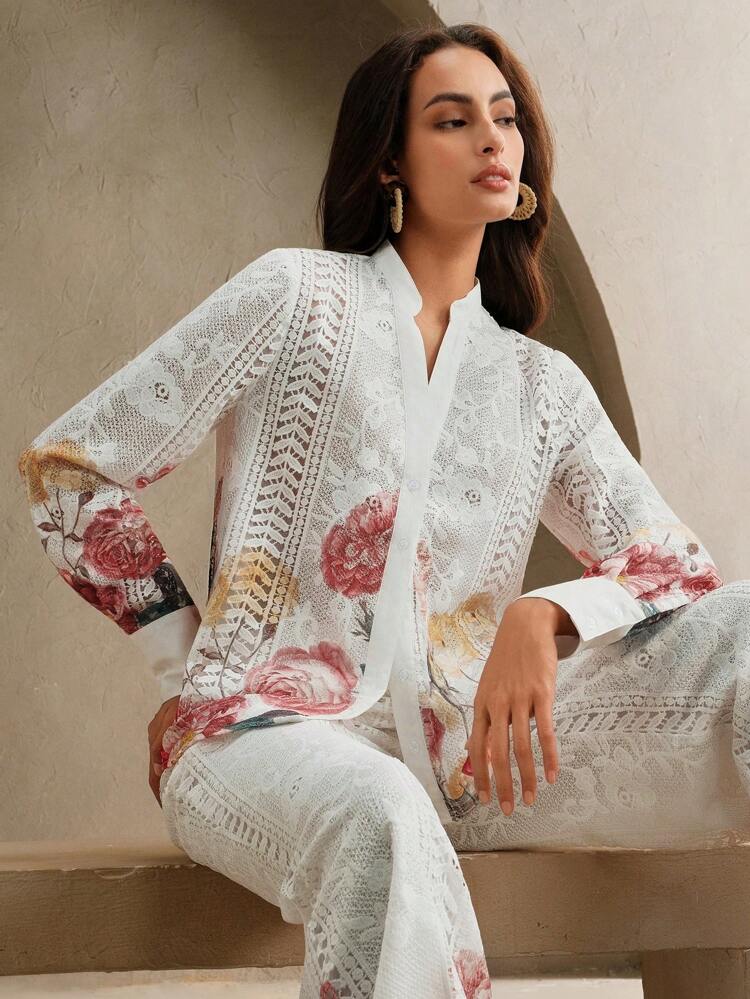 Anewsta Elaire 2pcs Women Holiday Elegant V-Neck Long Sleeve Floral Print Top And Wide Leg Pants Set, For Spring/Summer, Festival, Graduation