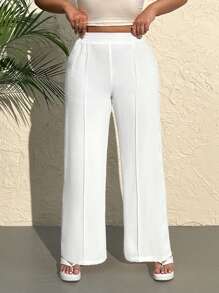 SHEIN EZwear Plus Size Casual Solid Color Simple Wide Leg Pants With Seam Front - White - View 4