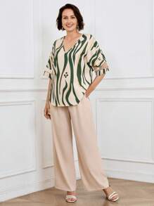 Miaspire 2pcs/Set Women Spring/Summer Casual Zebra Print V-Neck Blouse And Loose Wide-Leg Pants,Business Women Attire,Country Style Women's ClothingFall Women Clothes Going Out Outfits Mothers Day Outfit Gift For Mom