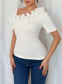 Selianne Camisa de manga corta con volantes y decoración floral en color crema amarillento elegante y de moda de verano 2025, adecuada para citas, salidas, vacaciones, negocios, banquetes, fiestas, bodas, Día de la Madre, Día del Maestro, festival de cerveza, festival de música - Blanco - Ver 6
