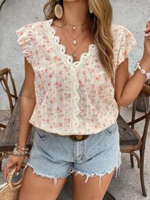 SHEIN VCAY Blouse casual à manches volantées en dentelle à imprimé floral éparpillé pour femmes en grande taille - Multicolore - Voir 1