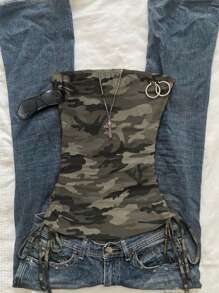 Attitoon Top de estilo casual vintage con estampado de camuflaje verde oliva en todo el diseño, ideal para volver al colegio
