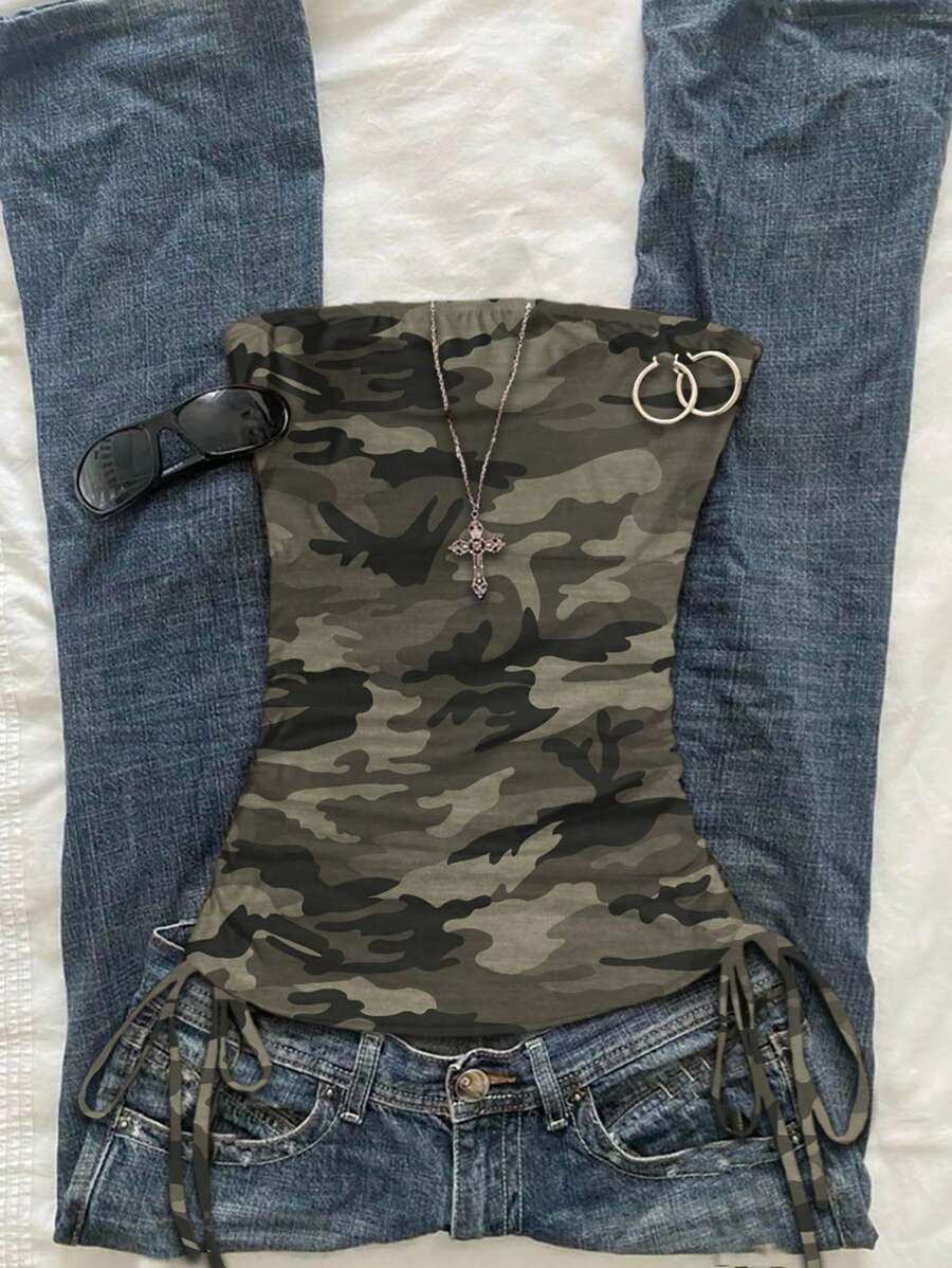 Attitoon 复古休闲风格绿色橄榄绿迷彩全图案迷彩上衣上衣回到学校