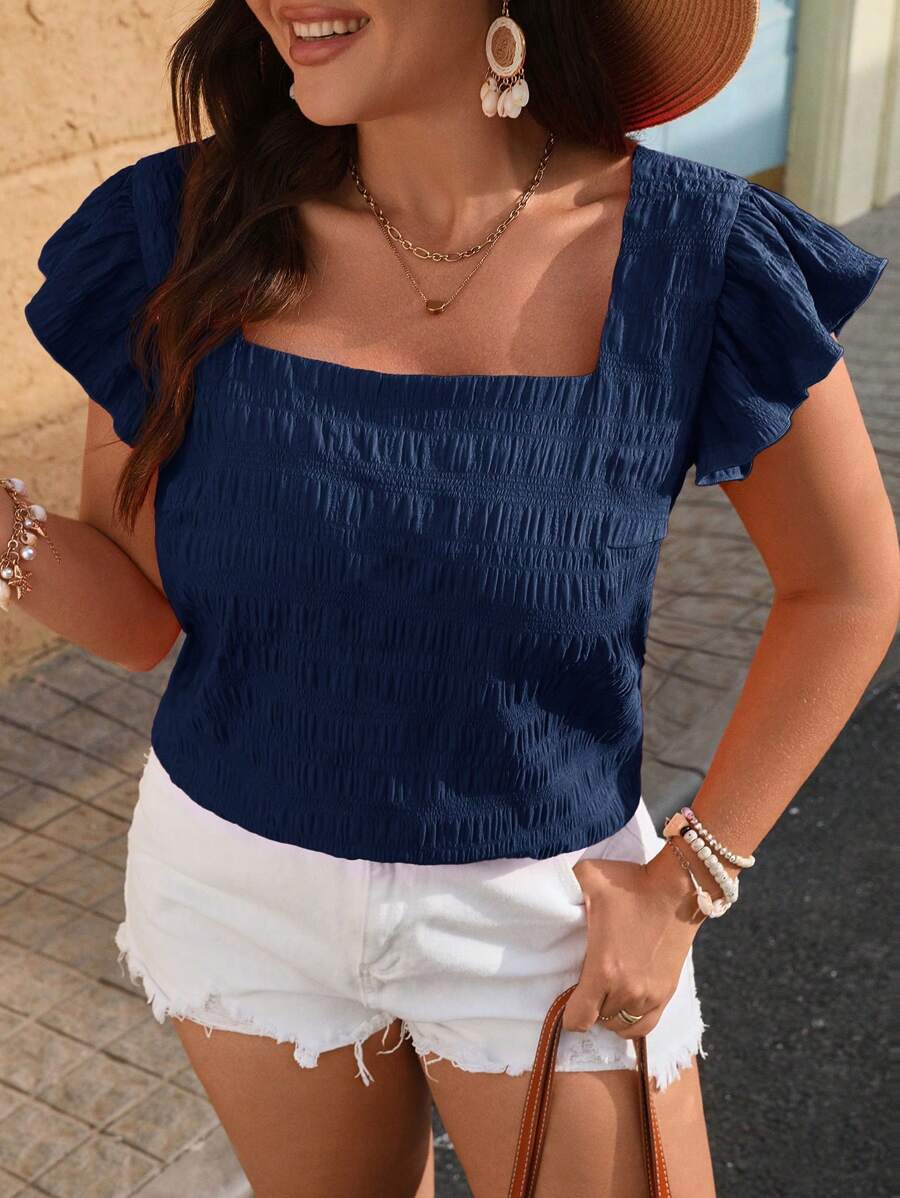 SHEIN VCAY 大码女式度假纯色褶皱盖袖方领衬衫