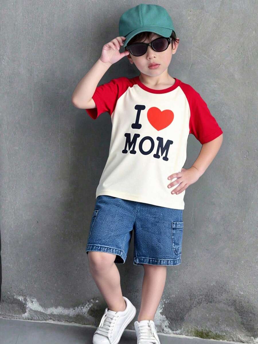 SHEIN 小男孩字母印花、撞色心形设计短袖 T 恤和牛仔裤 2 件套、母子装（单独出售） - 彩色 - 查看 1
