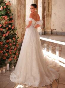 Glamrae Elegant Luxurious Jacquard Satin Puff Sleeve Maxi Dress With High Slit And Train, Suitable For Wedding, Party, Honeymoon, Formal Events,Graduation,Teacher Outfits For Women,Teacher Dress - Beige - View 6