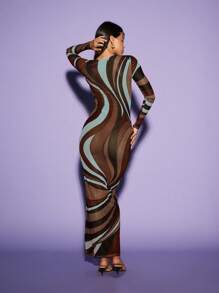 KIZN 薄纱长袖印花网纱长裙