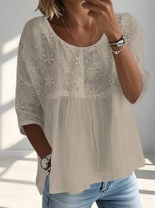 EMERY ROSE Blusa de verano sólida, casual y versátil con cuello redondo y volantes en el dobladillo - Caqui - Ver 3