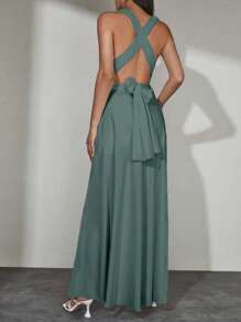 EURMUSE Women's Solid Color Simple Asymmetrical Shoulder Dress - Mint Green - View 2