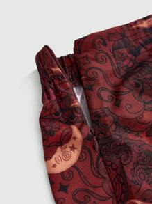 ROMWE Hippie Váy suông hở vai họa tiết mặt trời, mặt trăng và ngôi sao cỡ lớn cho nữ - Đỏ - Xem 3