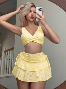 Swim Mod 女士夏季沙滩三件套泳衣套装：前交叉针织上衣，两侧蝴蝶结双层蛋糕裙 - 黃色 - 查看 8