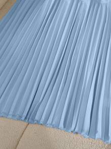 Franclia Elegante vestido de manga corta con cuello redondo, cintura ceñida y parches plisados de color albaricoque de longitud media para mujer, primavera/verano - Celeste - Ver 5