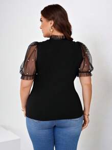 SHEIN Clasi Plus Size Women's Summer Mesh Contrast Tie Neck Puff Sleeve T-Shirt