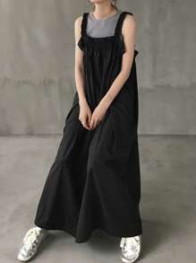 FRIFUL Women Casual Solid Color Sleeveless Ruched Hem Patchwork Long Dress, Summer Black Sundress Women Black Summer Dress Women Long Black Sundress Casual Long Black Dress Black Jumper Dress - Black - View 5