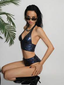 EgrlEra Top de bikini con escote espalda descubierta en estampado de piel de serpiente metálico sexy