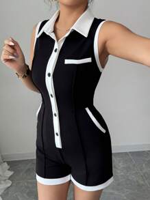 SHEIN PETITE Mono corto elegante y sexy de contraste de color blanco y negro sin mangas con cuello de solapa y cintura ceñida - Negro - Ver 6