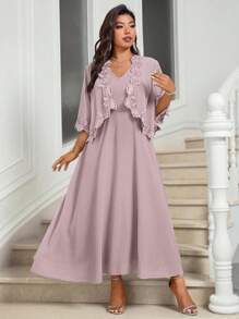 Bellastra Plus Size Mother Of The Bride Guest Outfit, Dress + Shawl Jacket Set For Wedding - Dusty Pink - View 1