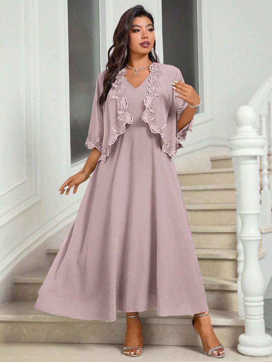 Bellastra Plus Size Mother Of The Bride Guest Outfit, Dress + Shawl Jacket Set For Wedding - Dusty Pink - View 1