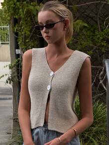 DAZY Women Casual Solid Color Double Button Sleeveless Knitted Sweater Y2k Crop Top - Khaki - View 6