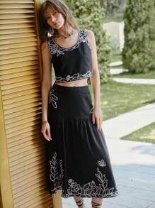 MOTF STUDIO 亚麻刺绣拉链裙 - 黑色 - 查看 1