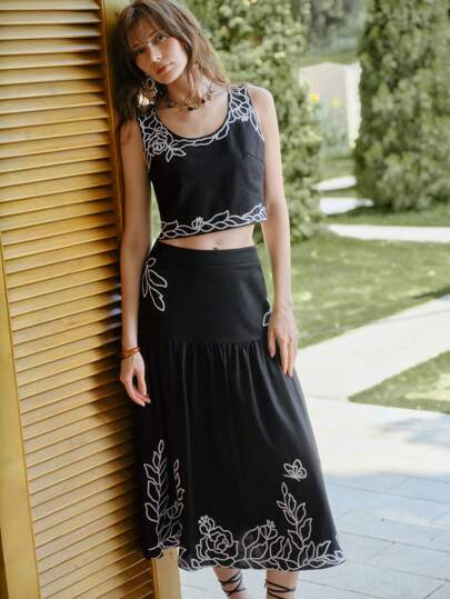 MOTF STUDIO LINEN EMBROIDERY ZIPPER SKIRT