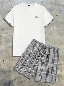 AXEPEAK Men Letter Graphic Short Sleeve Tee & Plaid Shorts Set, Vintage, Streetwear Edition - Multicolor - View 1