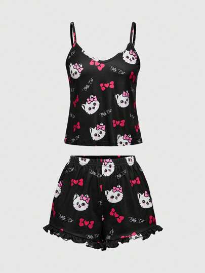 Kawaii Baby Cat Bowknot Casual Women's Pajama Set