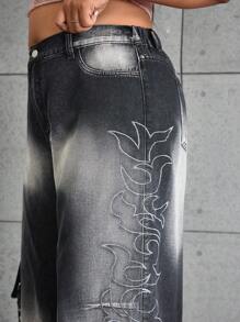 SHEIN ICON Plus Size Women's Fashionable Acid Wash Print Wide-Leg Jeans - Black - View 5