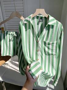 Comfortcana Bộ quần áo nữ mùa thu Bộ đồ hai mảnh mới mùa thu Áo dài tay in sọc xanh lá cây dệt và quần short 2 món Bộ đồ thường ngày cho nữ Bộ áo sơ mi cho nữ Áo sơ mi cho mùa hè Áo sơ mi cho nữ mùa hè - màu xanh lá - Xem 2