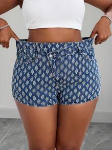 Slaydiva Quần short denim móc cỡ lớn cho nữ, thiết kế cạp chun bất đối xứng, không co giãn, ôm vừa vặn, phong cách Cowboy, quần short denim lễ hội mùa hè - Rửa trung bình - Xem 5