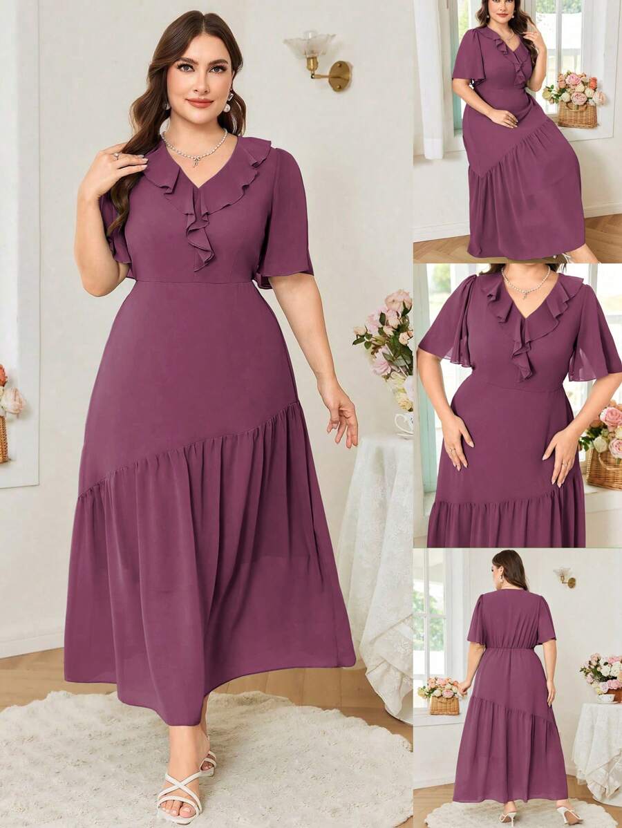 Modelyn Women's Plus Size Chiffon Solid Color Short Sleeve Ruffle Collar Dress - Purple - View 1
