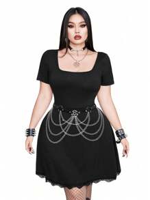 Whyspr Casual Punk Large Size Spring And Summer Dark Sexy Slim Fit Casual Versatile Bold Avant-Garde Round Neck Back Leak Back Star Cross Tie High Waist Slimming Lace Patchwork Hem Daily Dress Suitable For Independence Day Holiday Clothing