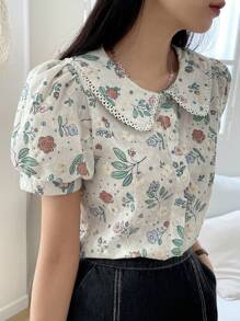 DAZY Floral Embroidery Peter Pan Collar Puff Sleeve Blouse