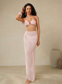 Swim Oasis Elegant Summer Vacation Sequin 3D Floral Decor Ladies Swimwear Set - Baby Pink - View 3